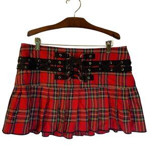 Vintage Tripp NYC Y2K Plaid Miniskirt Women's Sz L Red Lace Up Micro Punk Grunge